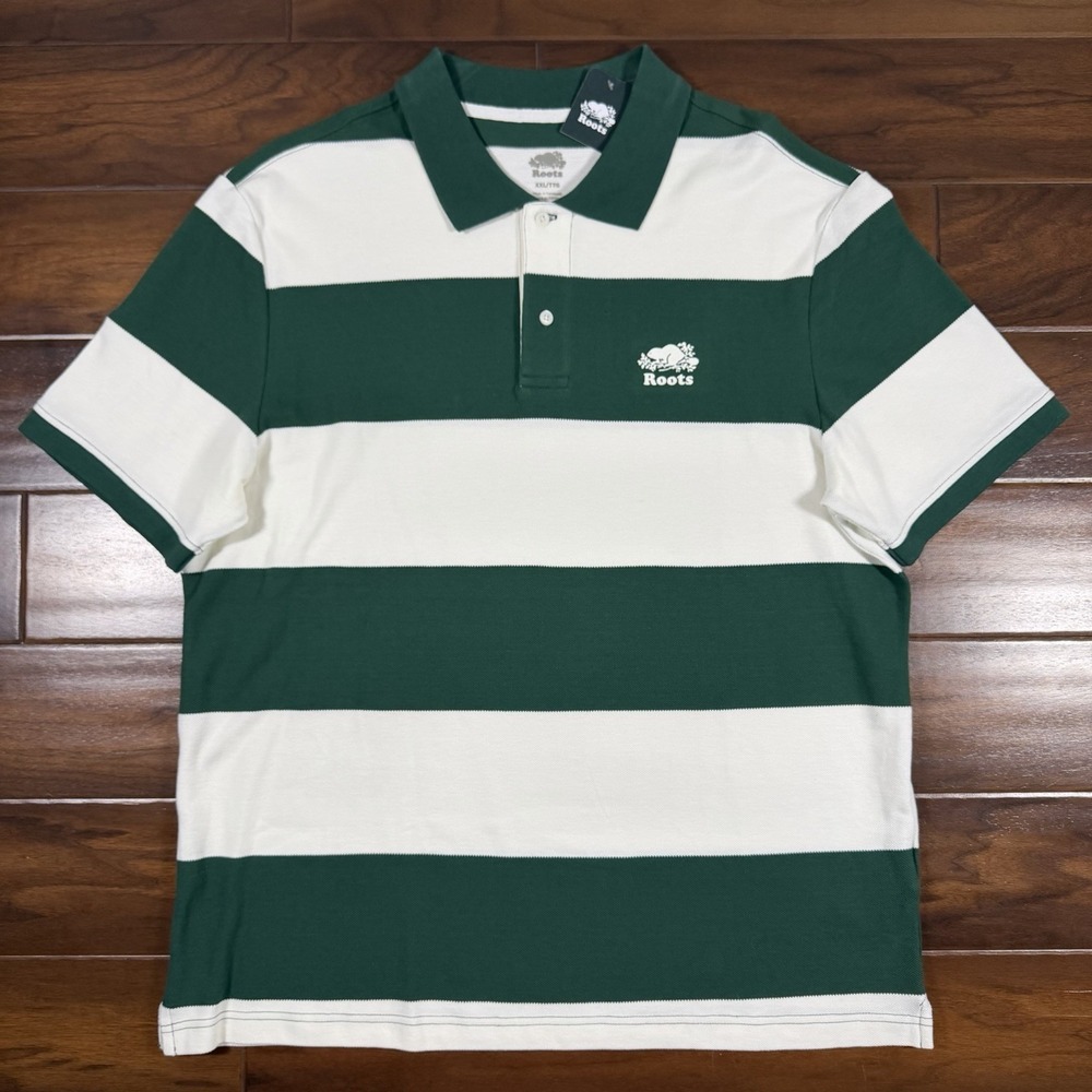 Roots Canada Men's Size XXL Green White Stripe Rugby Pique Polo Shirt